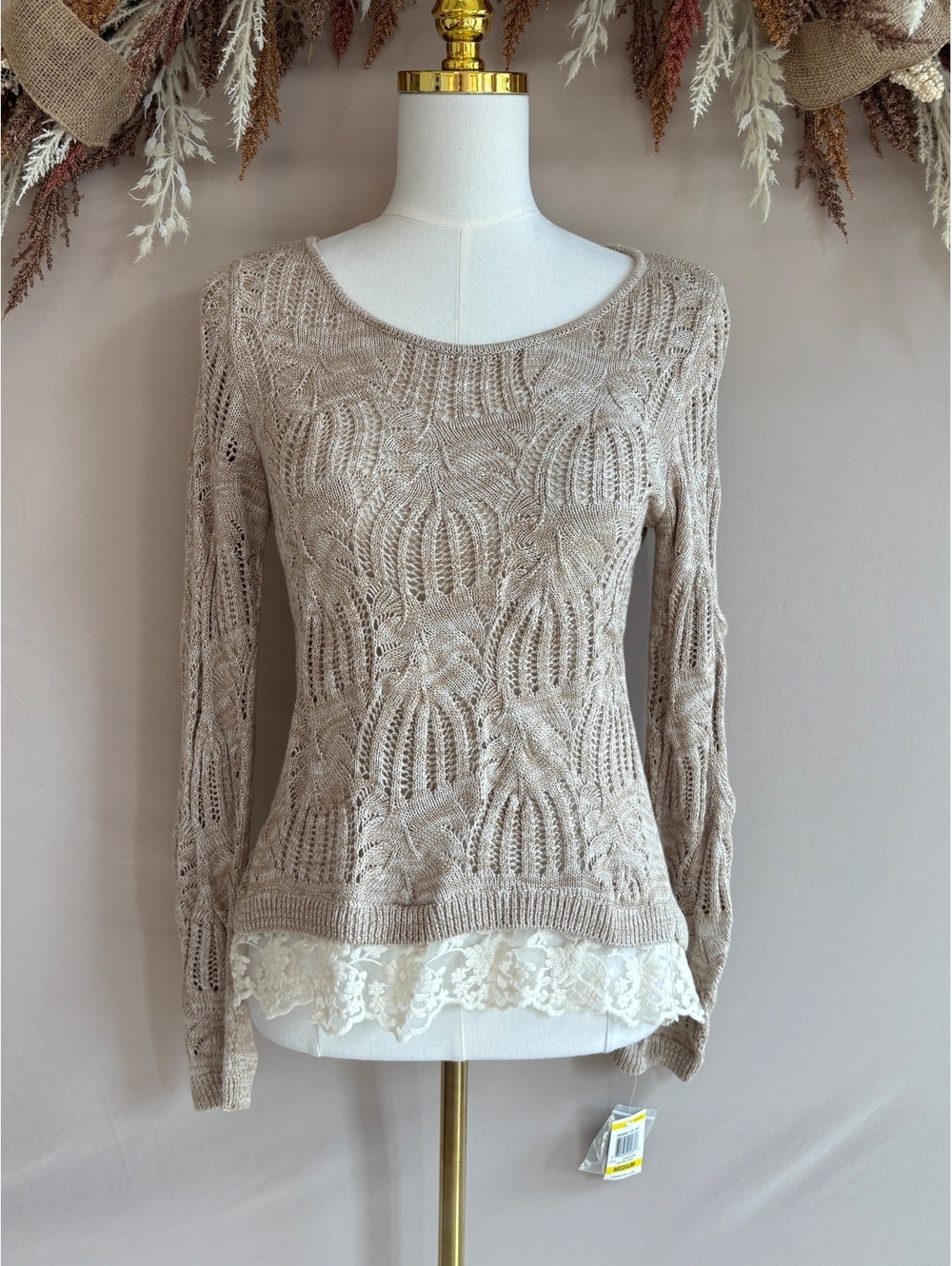 INC International Concepts Medium Neutral Marl Knit Sweater with Lace Trim